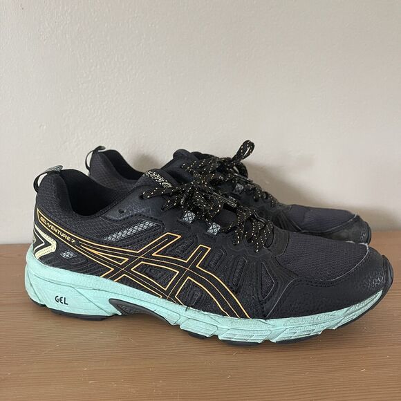 Asics Gel Venture 7 Running Shoes 10 Mesh Upper Athletic Sneakers Black Green - Picture 1 of 13